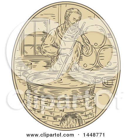 Clipart of a Sketched Drawing Styled Medieval Monk Brewing Beer - Royalty Free Vector Illustration by patrimonio