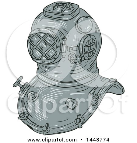 Clipart of a Sketched Drawing Styled Vintage Deep Sea Diving Helmet - Royalty Free Vector Illustration by patrimonio