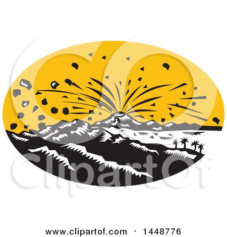 Clipart of a Retro Woodcut Scene of an Erupting Volcano in an Oval - Royalty Free Vector Illustration by patrimonio