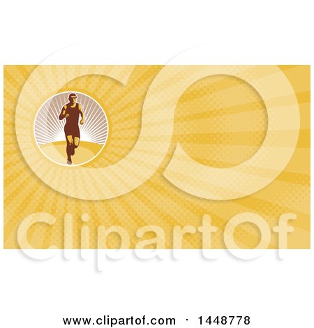 Clipart of a Retro Female Marathon Runner and Yellow Rays Background or Business Card Design - Royalty Free Illustration by patrimonio