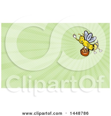 Clipart of a Waving Bee Flying with a Basket of Bread and Green Rays Background or Business Card Design - Royalty Free Illustration by patrimonio