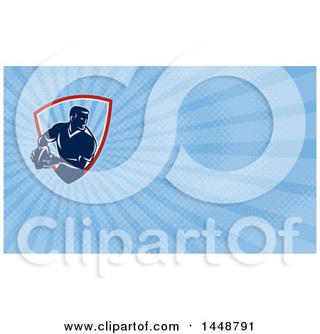 Clipart of a Retro Rugby Player and Blue Rays Background or Business Card Design - Royalty Free Illustration by patrimonio