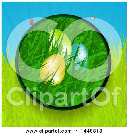 Clipart of a Circle Frame of Easter Eggs in Grass, with Rays and Butterflies - Royalty Free Vector Illustration by elaineitalia