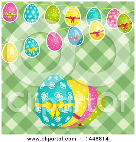 Clipart of a Green Background with Bunting Banners and Easter Eggs - Royalty Free Vector Illustration by elaineitalia