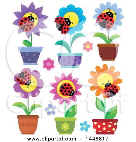 Clipart of Ladybugs on Potted Flowers - Royalty Free Vector Illustration by visekart
