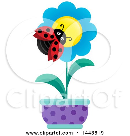 Clipart of a Ladybug on a Blue Potted Flower - Royalty Free Vector Illustration by visekart