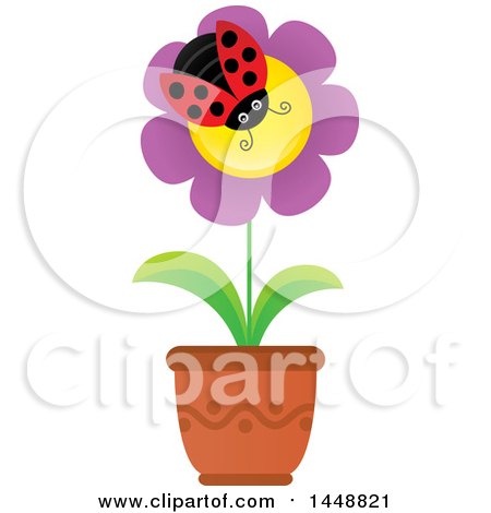 Clipart of a Ladybug on a Purple Potted Flower - Royalty Free Vector Illustration by visekart