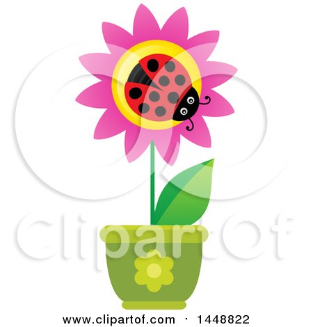 Clipart of a Ladybug on a Pink Potted Flower - Royalty Free Vector Illustration by visekart