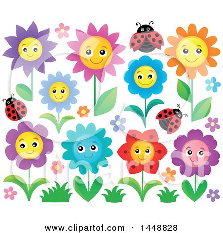 Clipart of Colorful Happy Flowers and Ladybugs - Royalty Free Vector Illustration by visekart
