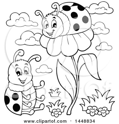 Clipart of a Black and White Ladybug on a Flower and Friend Sitting - Royalty Free Vector Illustration by visekart