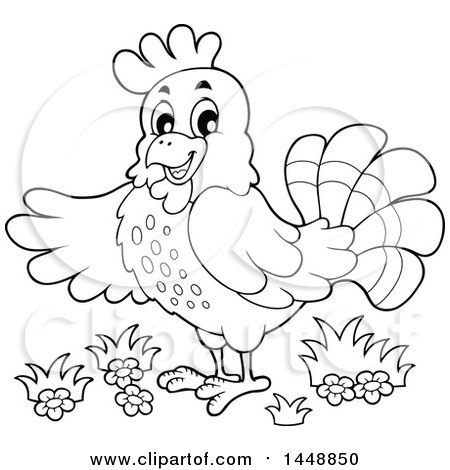 Clipart of a Black and White Lineart Hen Presenting - Royalty Free Vector Illustration by visekart