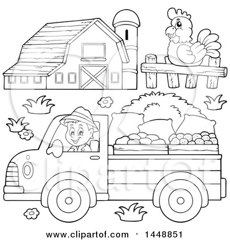 Clipart of a Black and White Lineart Farmer Driving a Truck, Chicken and Barn - Royalty Free Vector Illustration by visekart