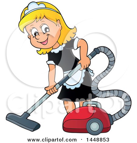 Clipart of a Cartoon Happy Blond Maid Vacuuming - Royalty Free Vector Illustration by visekart