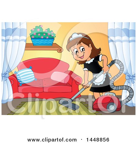 Clipart of a Cartoon Happy Brunette Maid Vacuuming a Living Room - Royalty Free Vector Illustration by visekart