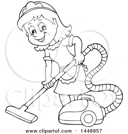 Clipart of a Cartoon Black and White Lineart Happy Maid Vacuuming - Royalty Free Vector Illustration by visekart