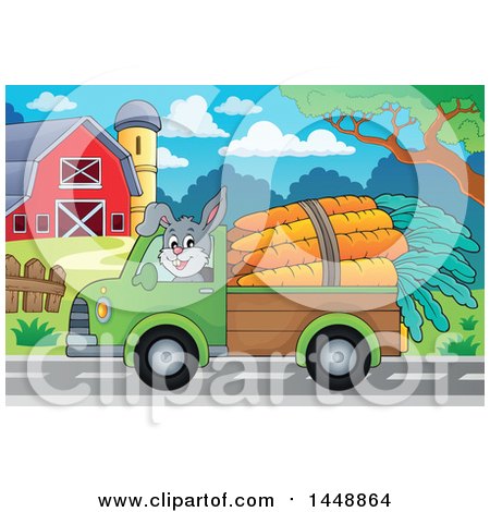 Clipart of a Rabbit Hauling Large Carrots with a Pickup Truck - Royalty Free Vector Illustration by visekart