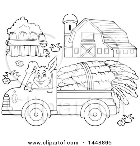 Clipart of a Black and White Lineart Barn, Fence and Rabbit Hauling Giant Carrots with a Pickup Truck - Royalty Free Vector Illustration by visekart