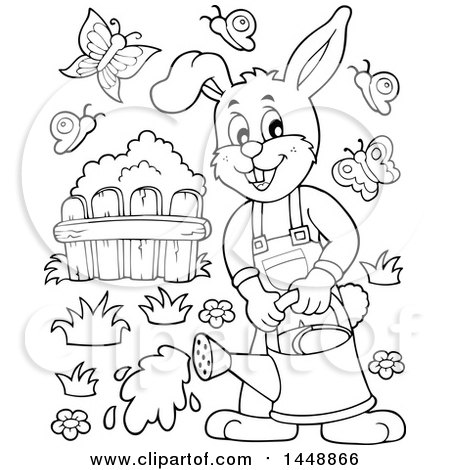 Clipart of a Black and White Lineart Rabbit Watering a Garden - Royalty Free Vector Illustration by visekart