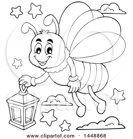 Clipart of a Black and White Lineart Happy Firefly Flying with a Lantern - Royalty Free Vector Illustration by visekart