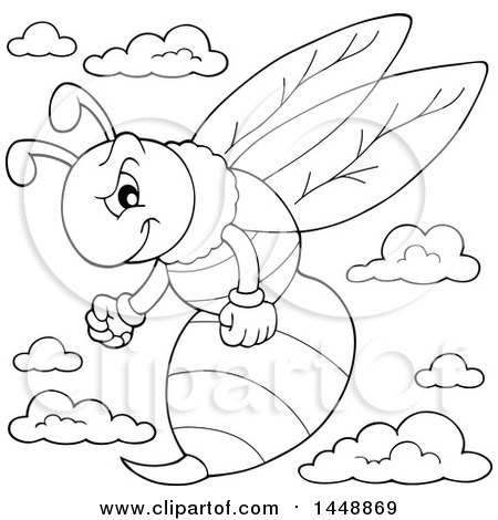 Clipart of a Black and White Lineart Angry Wasp - Royalty Free Vector Illustration by visekart