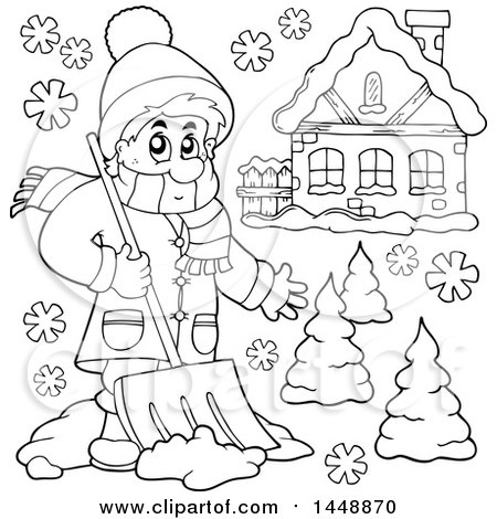 Clipart of a Black and White Lineart Man Shoveling Snow by His House - Royalty Free Vector Illustration by visekart