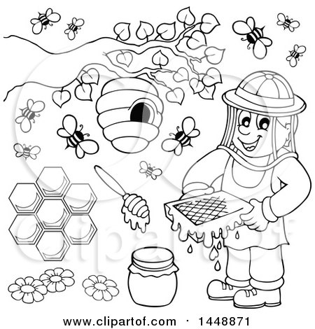 Clipart of a Black and White Lineart Bee Keeper and Bees - Royalty Free Vector Illustration by visekart