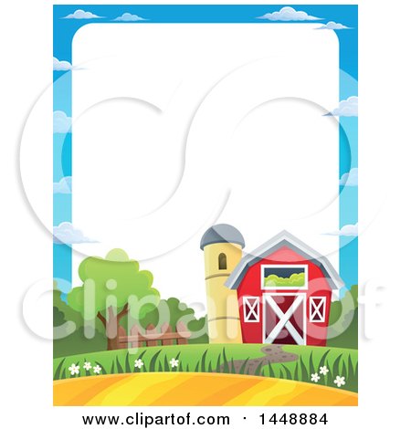 Clipart of a Border of a Barn and Silo with Farmland - Royalty Free Vector Illustration by visekart