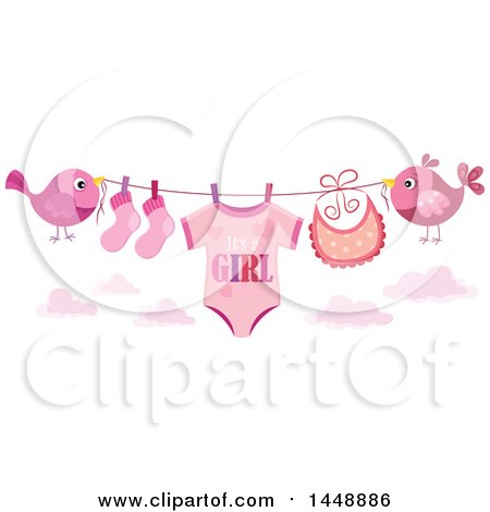Clipart of Two Pink Birds Holding up a Clothesline with a Its a Girl Baby Onesie, Bib, and Socks - Royalty Free Vector Illustration by visekart