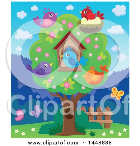 Clipart of a Tree, Butterflies and Colorful Birds - Royalty Free Vector Illustration by visekart