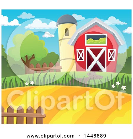 Clipart of a Barn and Silo with Farmland - Royalty Free Vector Illustration by visekart