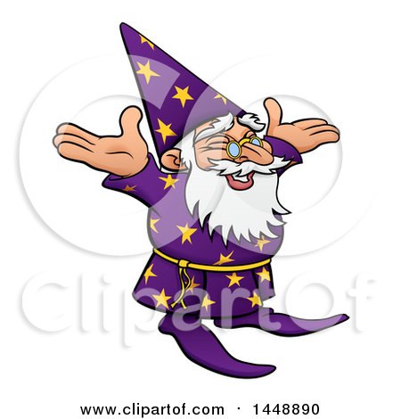 Clipart of a Cartoon Old Wizard Cheering or Welcoming - Royalty Free Vector Illustration by AtStockIllustration