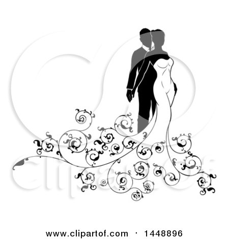 Clipart of a Black and White Silhouetted Posing Wedding Bride and Groom - Royalty Free Vector Illustration by AtStockIllustration