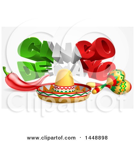 Clipart of a 3d Mexican Flag Colored Cinco De Mayo Text Design with a Sombrero, Chili Pepper and Maracas - Royalty Free Vector Illustration by AtStockIllustration