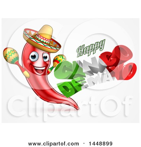 Clipart of a 3d Mexican Flag Colored Happy Cinco De Mayo Text Design with a Chile Pepper Mascot Holding Maracas - Royalty Free Vector Illustration by AtStockIllustration