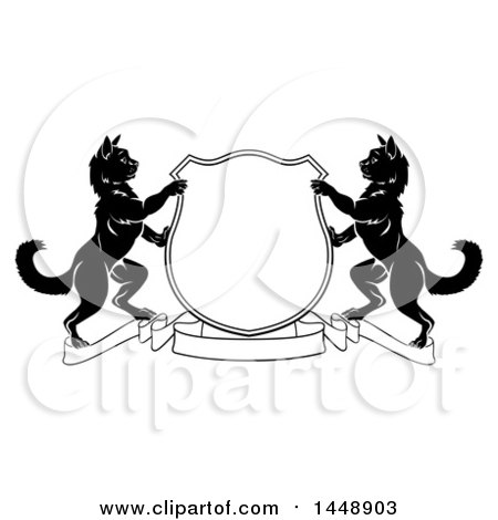 Clipart of a Black and White Heraldic Coat of Arm Shield of Two Cats - Royalty Free Vector Illustration by AtStockIllustration