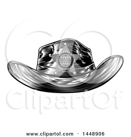 Clipart of a Black and White Vintage Engraved Sheriff Hat - Royalty Free Vector Illustration by AtStockIllustration