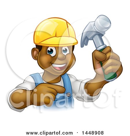 Clipart of a Cartoon Happy Black Male Carpenter Holding a Hammer and Pointing - Royalty Free Vector Illustration by AtStockIllustration