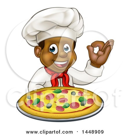 Clipart of a Cartoon Happy Black Male Chef Gesturing Ok and Holding a Pizza - Royalty Free Vector Illustration by AtStockIllustration