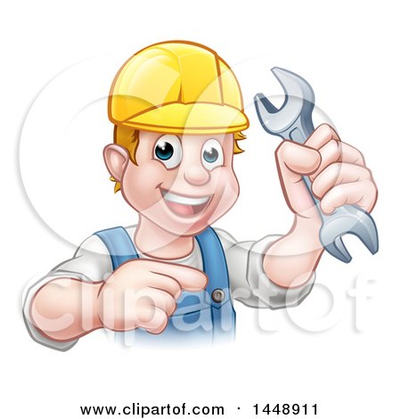 Clipart of a Cartoon Happy White Male Mechanic Holding a Spanner Wrench and Pointing - Royalty Free Vector Illustration by AtStockIllustration