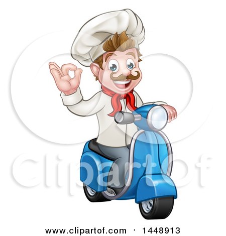 Clipart of a Cartoon Happy White Male Chef Gesturing Ok on a Delivery Scooter - Royalty Free Vector Illustration by AtStockIllustration