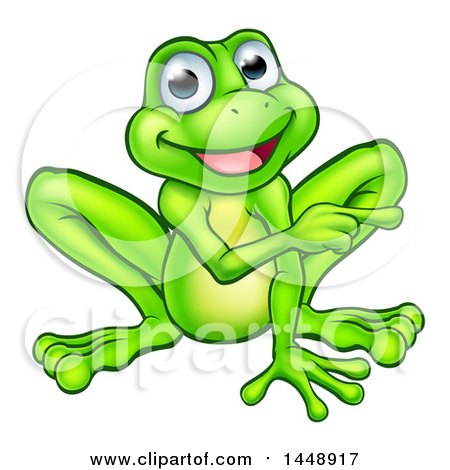 Clipart of a Cartoon Happy Green Frog Mascot Sitting and Pointing - Royalty Free Vector Illustration by AtStockIllustration