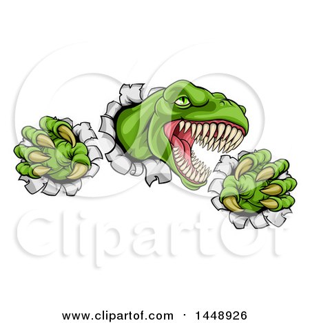 Clipart of a Cartoon Roaring Green Tyrannosaurus Rex Dinosaur Slashing Through Metal - Royalty Free Vector Illustration by AtStockIllustration