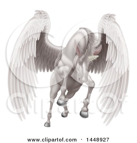 Clipart of a Majestic White Winged Horse Pegasus Flying Forward - Royalty Free Vector Illustration by AtStockIllustration