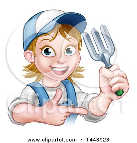 Clipart of a Cartoon Happy White Female Gardener in Blue, Holding a Garden Fork and Pointing - Royalty Free Vector Illustration by AtStockIllustration