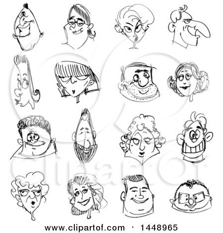 Clipart of Black and White Doodle Sketched Faces - Royalty Free Vector Illustration by yayayoyo