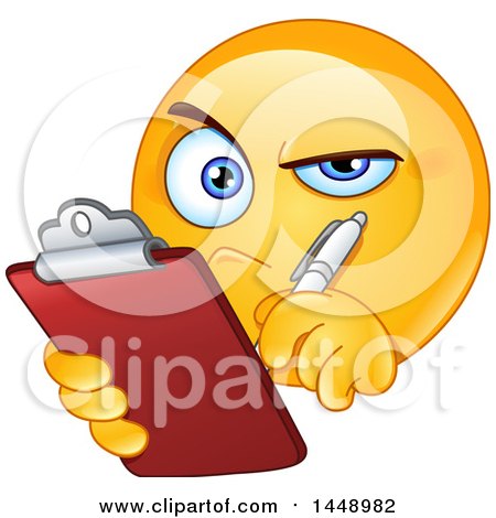 Clipart of a Cartoon Yellow Emoji Smiley Face Emoticon Checking off an Inspection List - Royalty Free Vector Illustration by yayayoyo