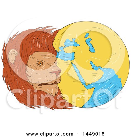 Clipart Graphic of a Drawing Sketch Styled Male Lion Head and Globe Featuring the Middle East and Asia - Royalty Free Vector Illustration by patrimonio