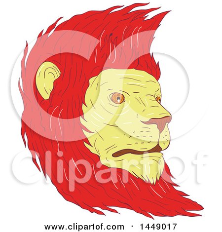 Clipart Graphic of a Drawing Sketch Styled Male Lion Head with a Red Mane - Royalty Free Vector Illustration by patrimonio