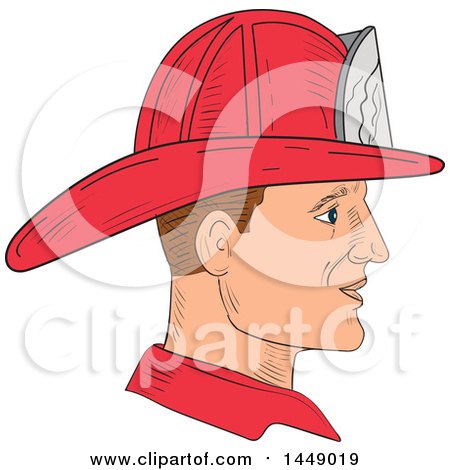 Clipart Graphic of a Sketched Fire Fighter Wearing a Vintage Helmet in Profile - Royalty Free Vector Illustration by patrimonio