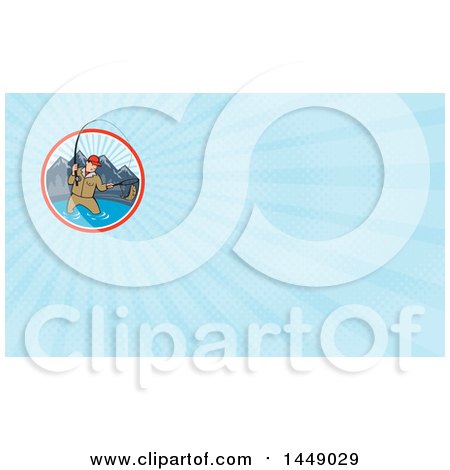 Clipart of a Cartoon Man Fly Fishing in a Mountainous Lake Circle and Blue Rays Background or Business Card Design - Royalty Free Illustration by patrimonio